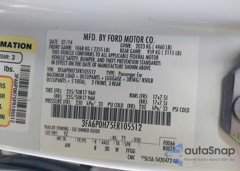 2015 Ford Fusion Se from USA, damaged, VIN 3FA6P0H75FR105512